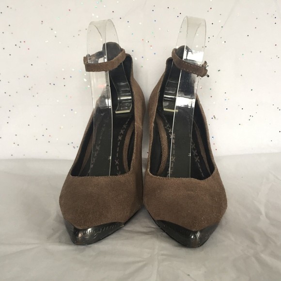 Free People Brown Suede Pointed Toe Pump Ankle Strap Metal toe heel detail! 8 M - Picture 3 of 12